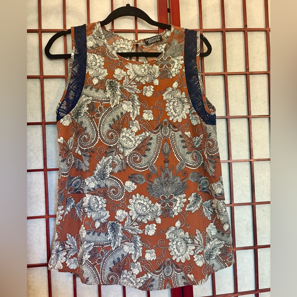 Papermoon Graphic Brown Tan Tank Top with Blue Trim